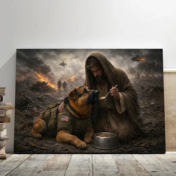 Jesus Feeds the Military Dog - Gallery Wrapped Canvas - INCLUDES FREE SHIPPING