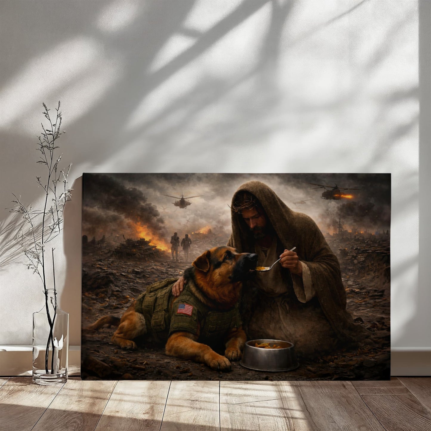 Jesus Feeds the Military Dog - Gallery Wrapped Canvas - INCLUDES FREE SHIPPING